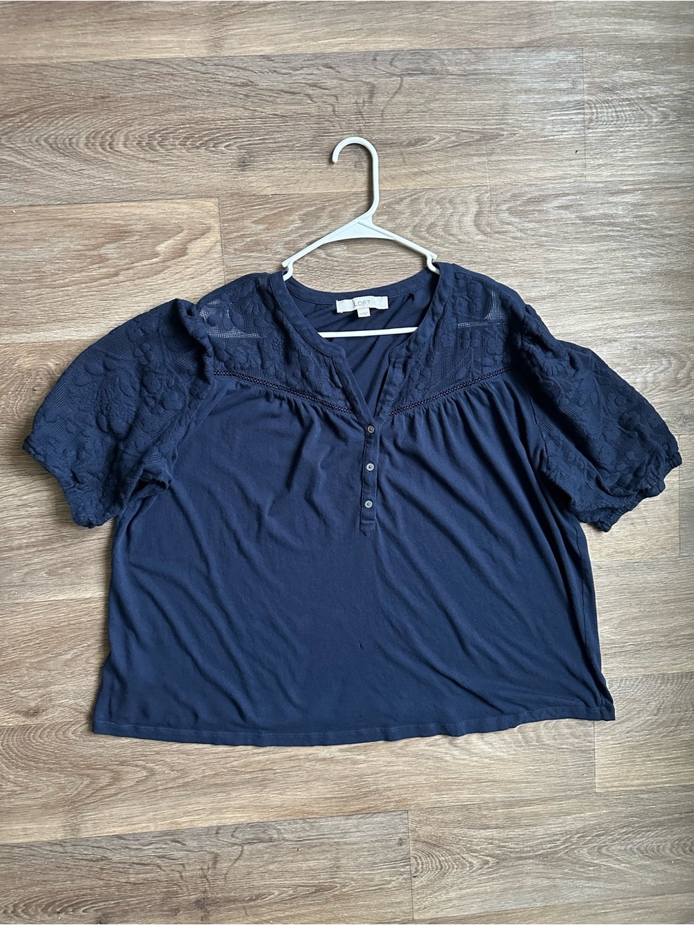 LOFT Navy Blue Embroidered Mesh Lace Yoke Henley Puff Sleeve Blouse Top XXL